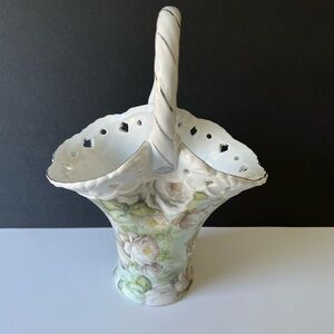 Formalities by Baum Bros White Rose Chintz Porcelain Basket Vase Spring Decor 9”